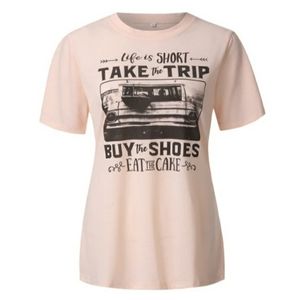 Heather light pink graphic tee, black print logo | vacation themed